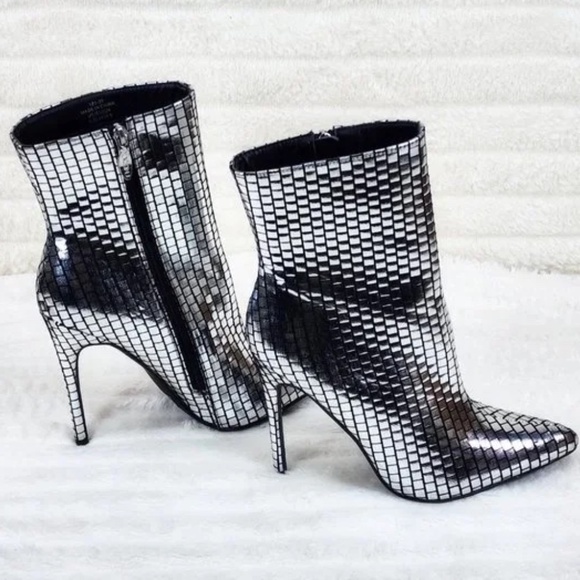 Mack J Shiny Silver Tile Print 4.5" High Heel Ankle Boots - Picture 5 of 9